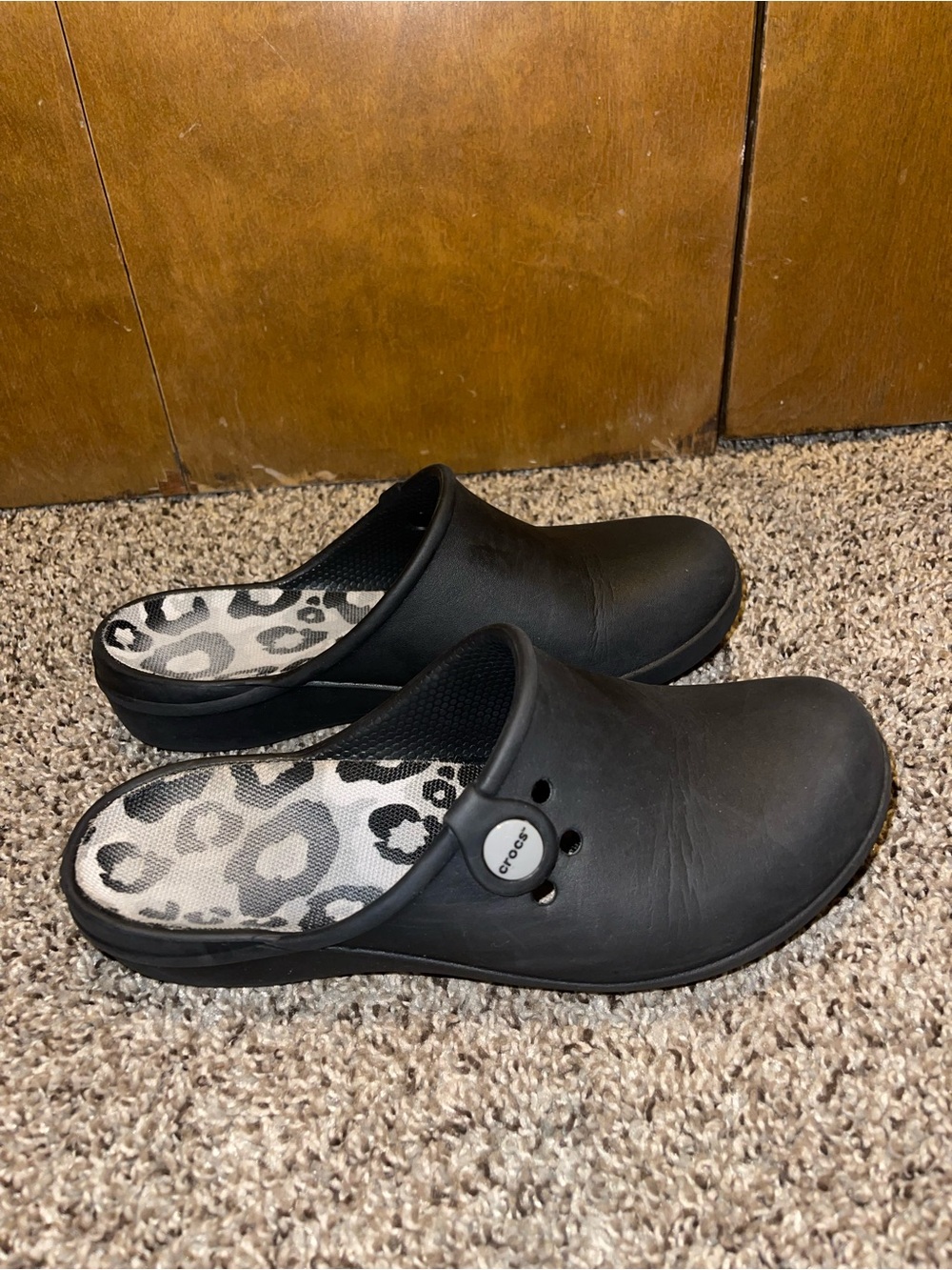 CROCS Black Slip-On Clog Mule with Leopard Insole